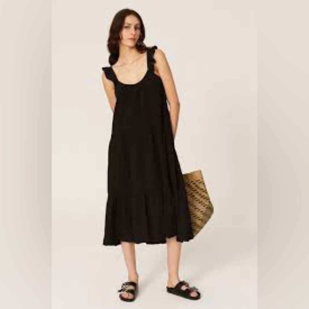 Xirena Rumer Gauzy 100% Cotton Flutter Sleeve Tiered Midi Dress Black- L